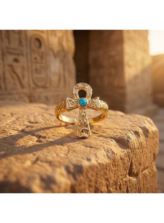 Shein 316 Stainless Steel Ankh Ring – Free Size – Gold Egyptian Life Symbol with Turquoise Stone – Anti‑Rust & Anti‑Fade - Image 4